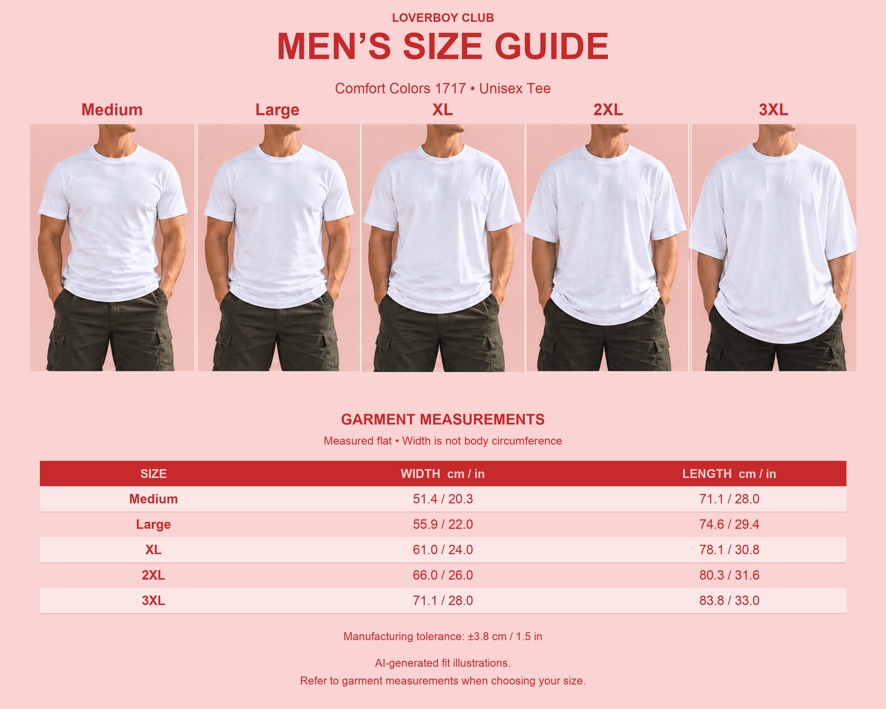 Men’s fit illustrations and unisex garment width and length measurements in centimetres and inches for Comfort Colors 1717 T-Shirt.