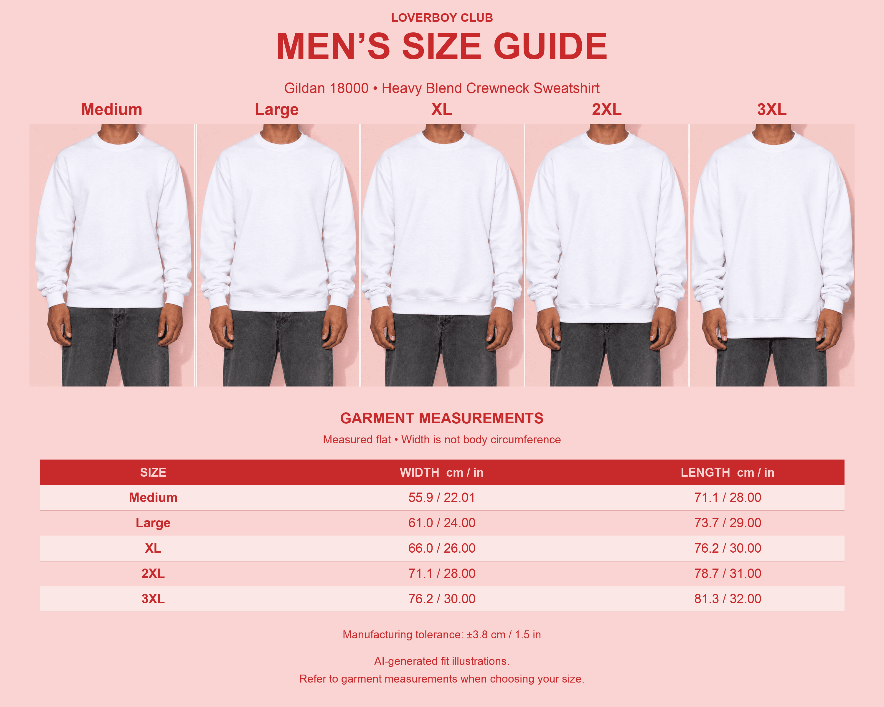 Men’s fit illustrations and unisex garment width and length measurements in centimetres and inches for Gildan 18000 Sweatshirt.