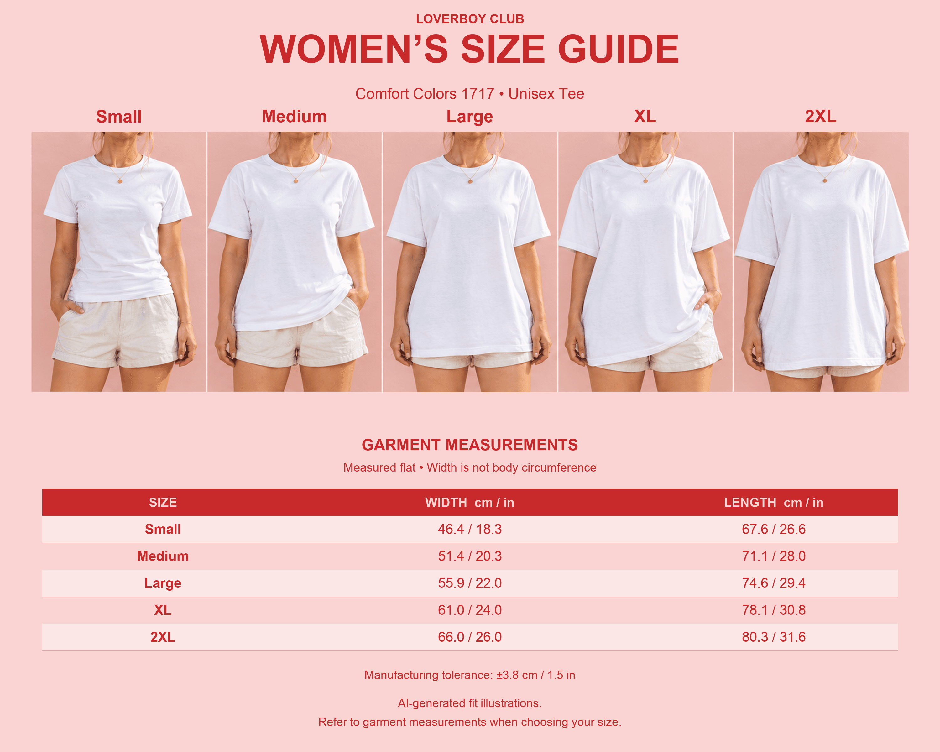 Women’s fit illustrations and unisex garment width and length measurements in centimetres and inches for Comfort Colors 1717 T-Shirt.