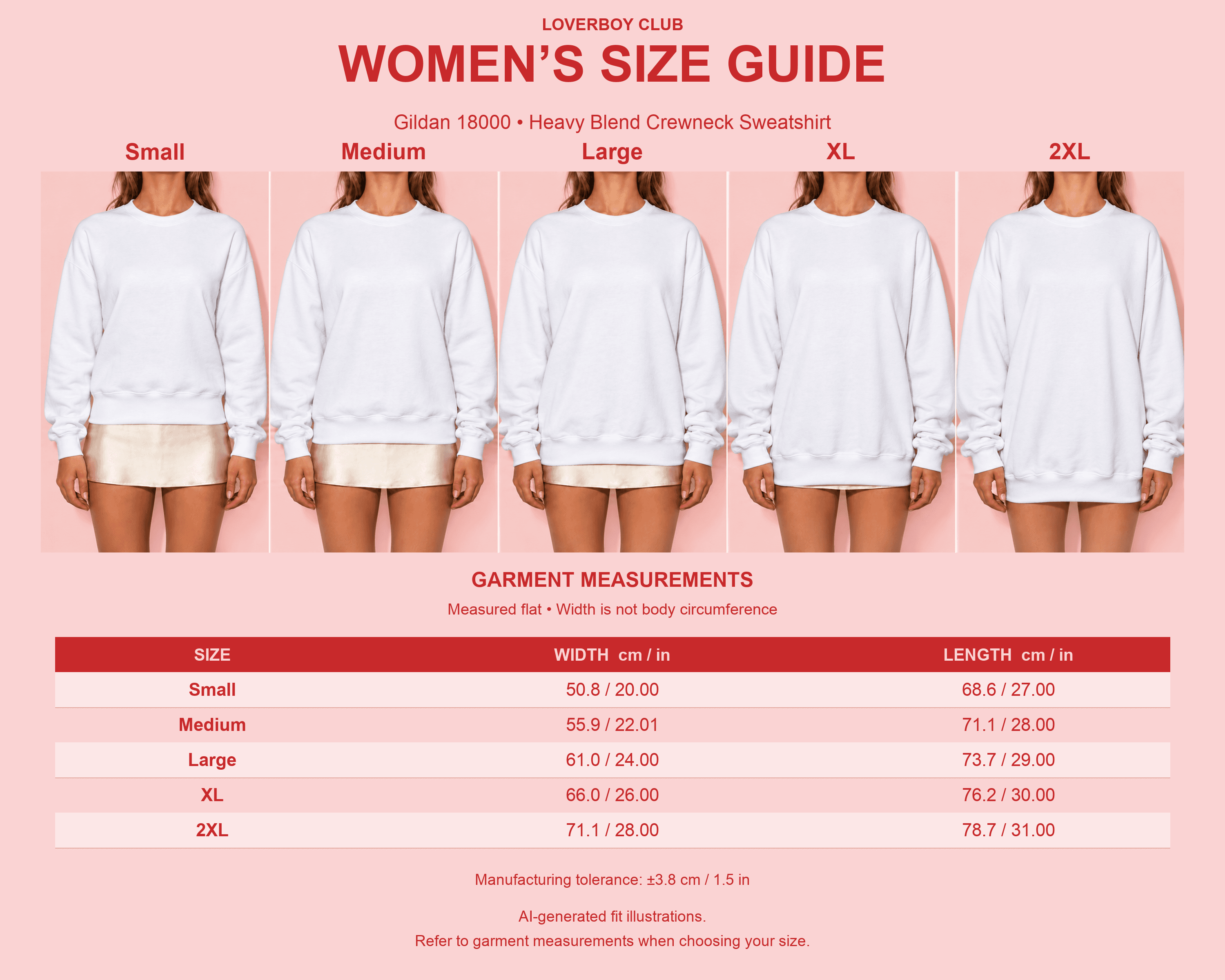 Women’s fit illustrations and unisex garment width and length measurements in centimetres and inches for Gildan 18000 Sweatshirt.